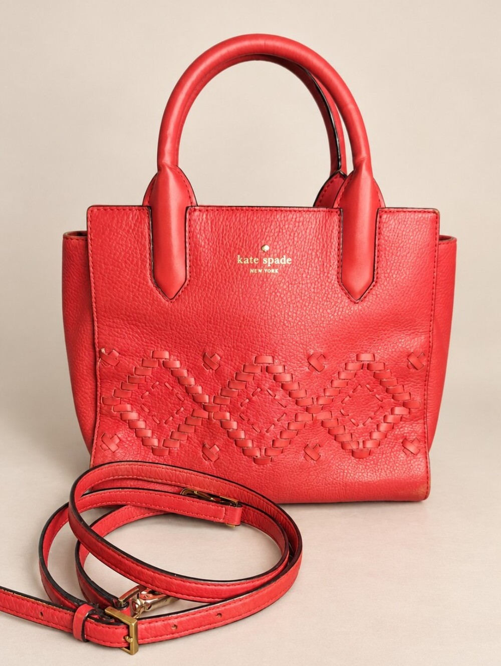 Kate Spade Coral Red Leather Woven Satchel Crossbody Bag